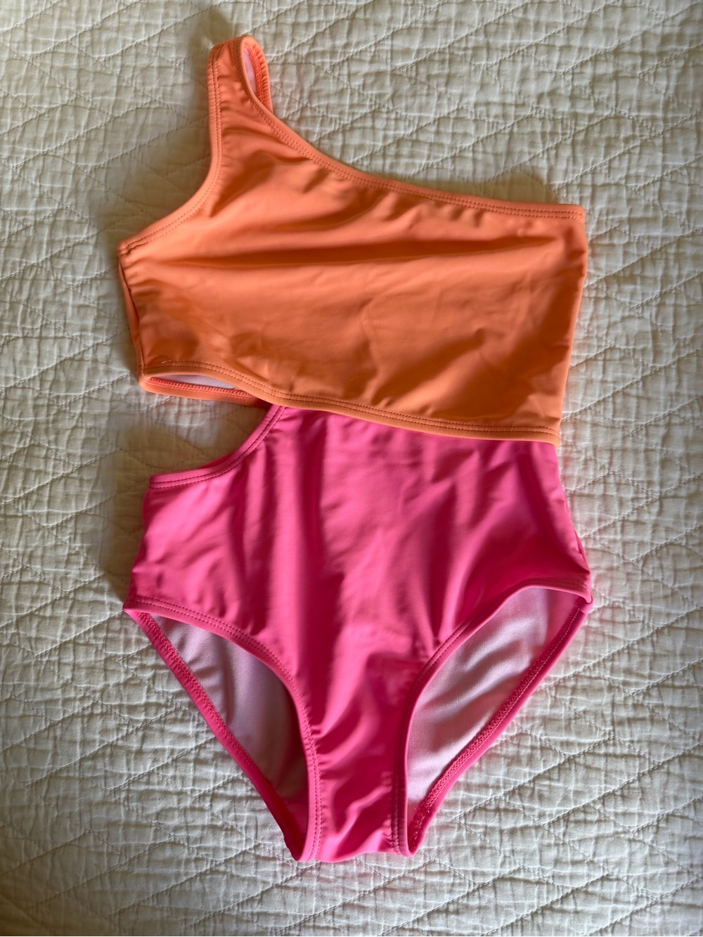Snapper Rock One-Shoulder Colorblock Kids Swimsuit in Orange and Pink